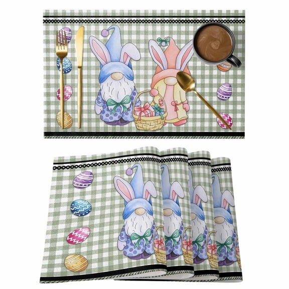 Bunny Gnomes Easter Placemats Set of 12, Eggs Sage Green Checkered Farmhouse Placemats for Dining Table, Place Mats for Kitchen Tabletop, Waterproof Wipeable Dining Table Mats Set