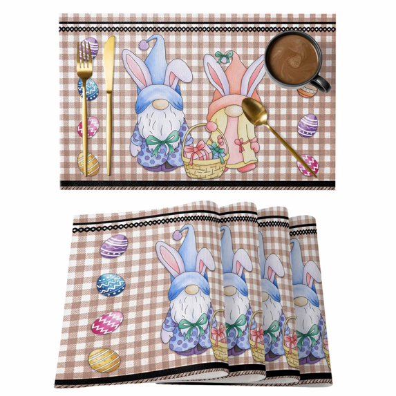 Bunny Gnomes Easter Placemats Set of 6, Eggs Brown Checkered Farmhouse Placemats for Dining Table, Place Mats for Kitchen Tabletop, Waterproof Wipeable Dining Table Mats Set
