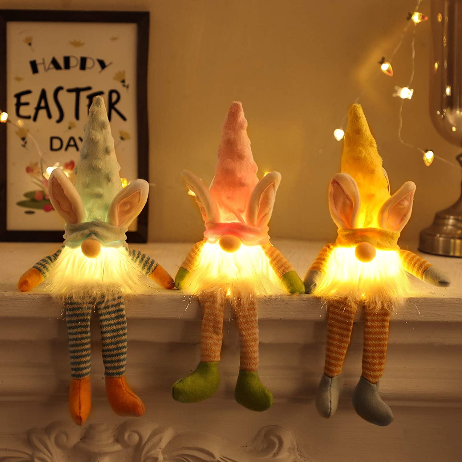 Bunny Gnomes Easter Rabbit Gnomes with LED Light, Easter Gnome Ornaments Tomte Nordic Swedish Nisse Scandinavian Elf Dwarf Holiday Easter Decoration Present