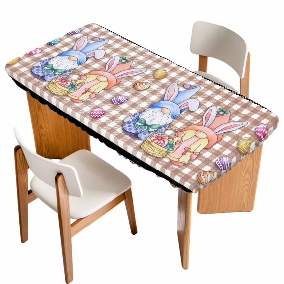 Bunny Gnomes Easter Table Cloths for 3 Foot Rectangle Tables, Eggs Brown Checkered Farmhouse Patio Waterproof Elastic Fitted Tablecloths, Washable Rectangular Table Cover for Camping