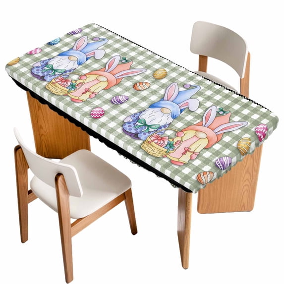 Bunny Gnomes Easter Table Cloths for 3 Foot Rectangle Tables, Eggs Sage Green Checkered Farmhouse Patio Waterproof Elastic Fitted Tablecloths, Washable Rectangular Table Cover for Camping