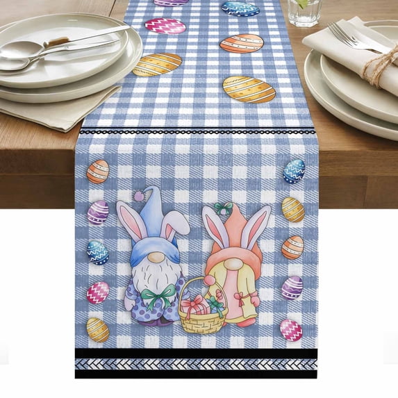 Bunny Gnomes Easter Table Runner - 48 Inch Long, Kitchen Dining Table Runner Dresser Scarves, Eggs Blue Checkered Farmhouse Farmhouse Decor for Coffee Tables Wedding Party Banquet