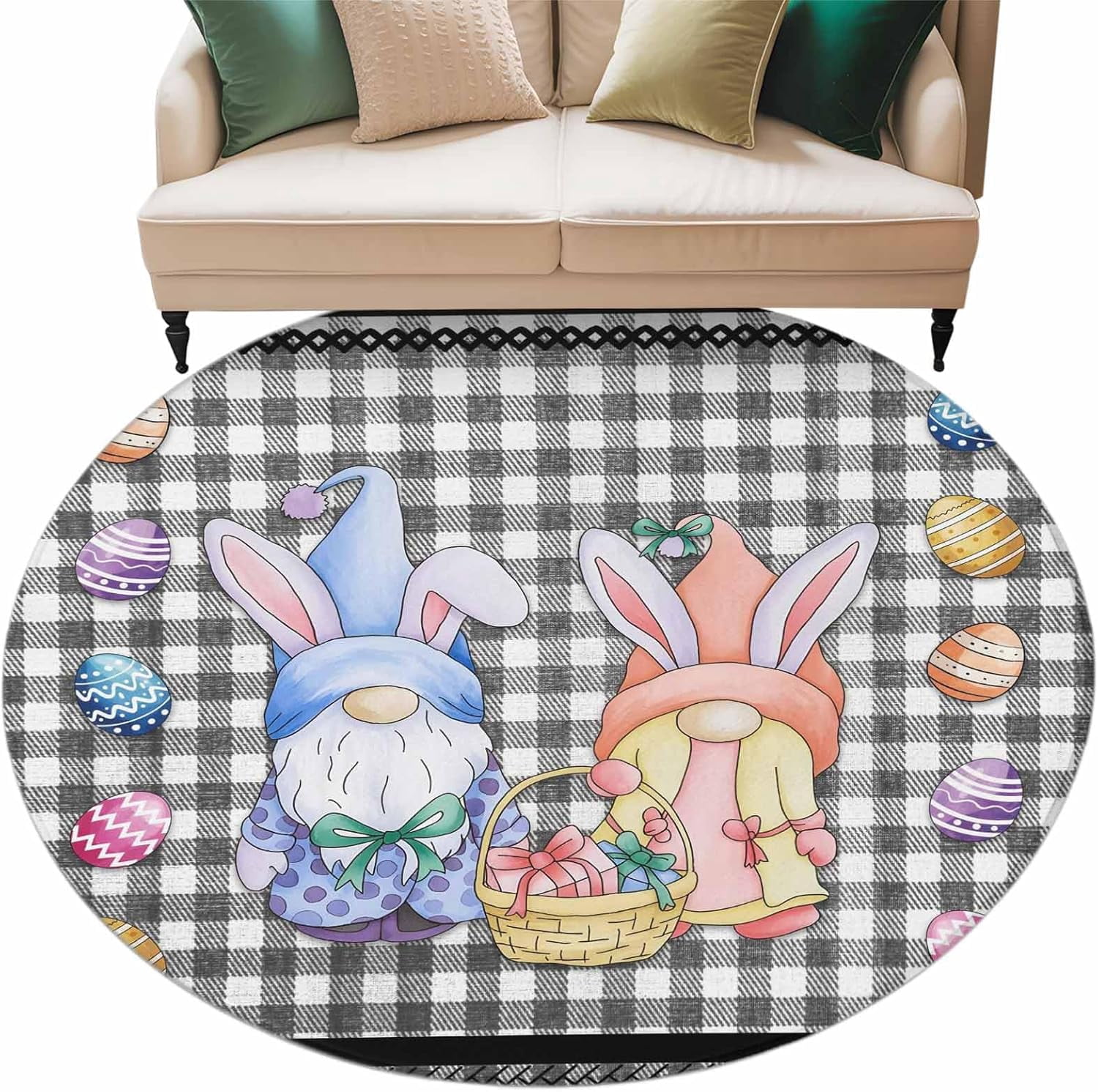 Round Easter Rug Bunny Gnomes Easter Washable Round Rug 6ft Area Rug for Living Room ...