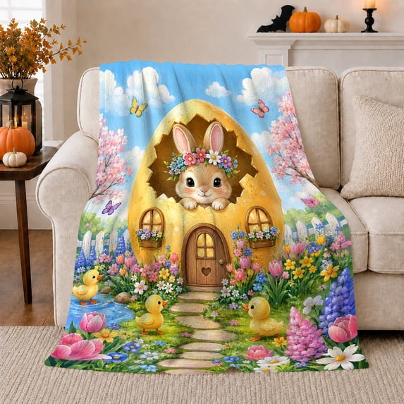 Bunny Golden Egg Cottage Garden, Playful Botanical Garden Scene, Warm Flannel Blanket for Sunroom and Reading Nook, Garden Lovers Housewarming Gift, Botanical Home Decor