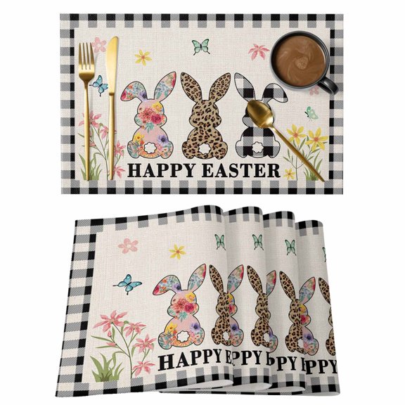 Bunny Happy Easter Spring Floral Placemats Set of 6,Wipeable Washable Table Mats for Dining Tables, Rabbit Butterfly Leopard Black Plaid Place Mats for Kitchen Event Party Tabletop Decor
