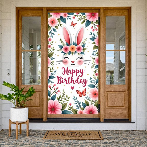 Bunny Head Design  Banner Pink Floral Pattern Bunny Party Display Green Leaf Decoration Butterfly Accent Floral Birthday Backdrop for Birthday Party Kids Party Girls' Party