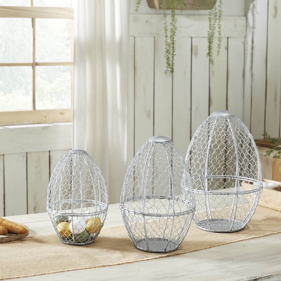VHC Brands Bunny Hop Chicken Wire Egg Shaped Baskets Set of 3 Sizes