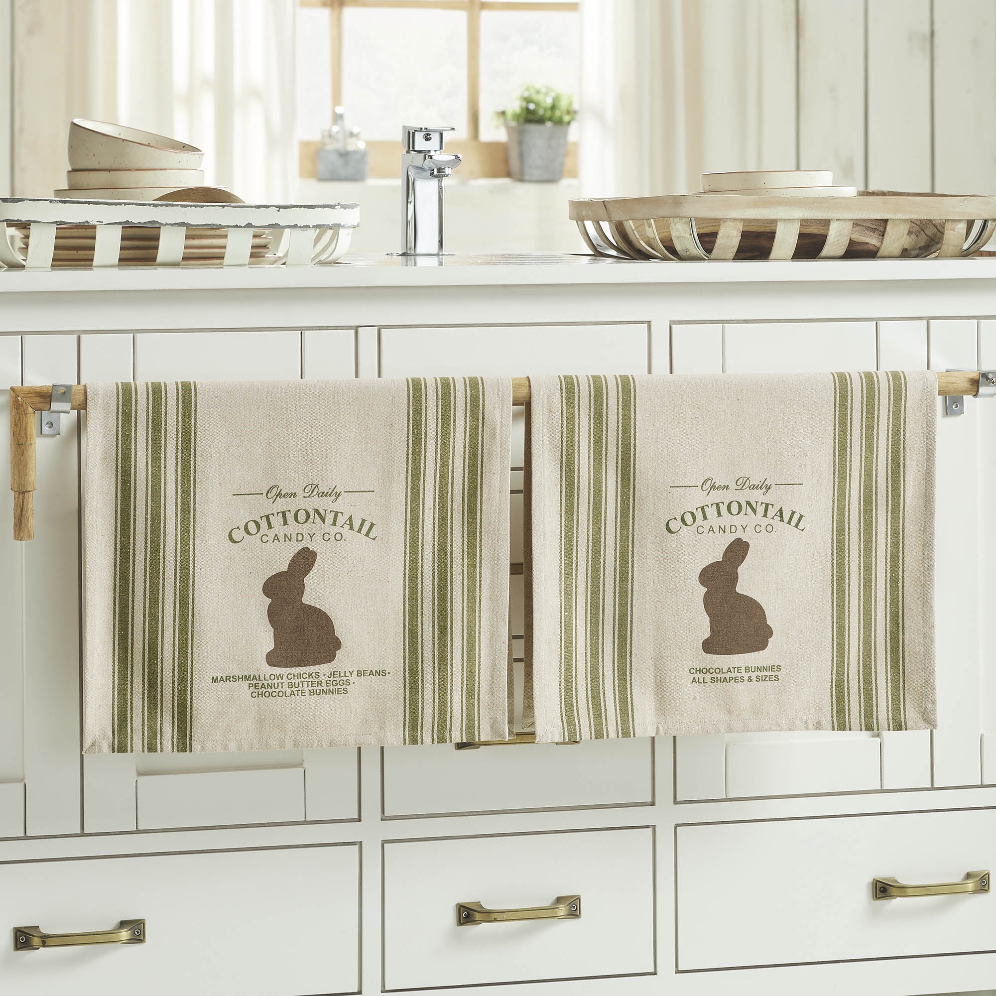Bunny Hop Light Creme and Sage Green Cotton Tea Towel Set