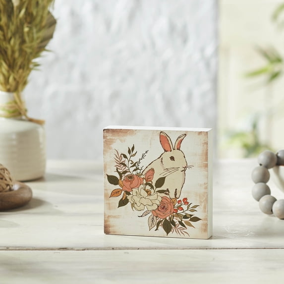 VHC Brands Bunny Hop Floral Bunny MDF Block Sign 5x5, Spring Decor, Home Decorations for Wall or Door, Spring and Easter Hanging Decoration