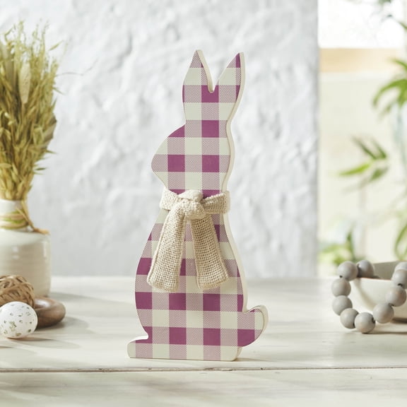 VHC Brands Bunny Hop MDF All Ears Lavender Check Bunny in Burlap Scarf 6x13, Spring Decorations, Home and Table Decor, Spring and Easter Figurines