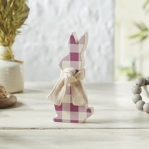 VHC Brands Bunny Hop MDF All Ears Lavender Check Bunny in Burlap Scarf 3.5x8, Spring Decorations, Home and Table Decor, Spring and Easter Figurines