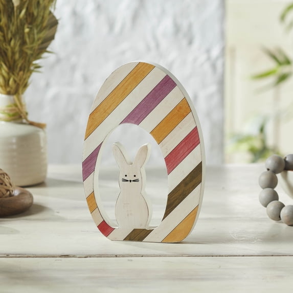 VHC Brands Bunny Hop MDF Bunny in Striped Egg 5.5x8, Easter Decorations, Home and Table Decor, Spring and Easter Figurines