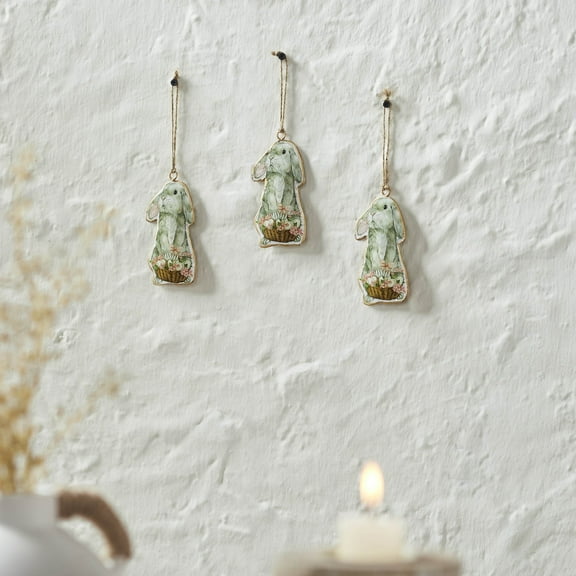 VHC Brands Bunny Hop Metal Rabbit w/Flower Basket Ornament Set of 3 4.5x2.25