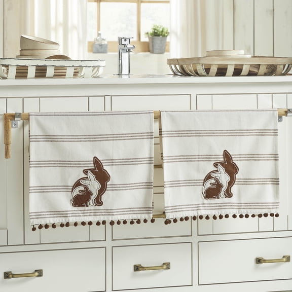 VHC Brands Bunny Hop Silhouette Bunnies w/Pom Pom Tea Towel Set of 2 16x28, Spring Decorative Dish or Hand Towels, Perfect for Kitchen or Bathroom, Spring and Easter Decor