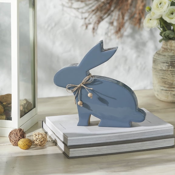 VHC Brands Bunny Hop Wooden Enamel Bunny w/Natural Beads 8.5x9.5, Spring Decorations, Home and Table Decor, Spring and Easter Figurines