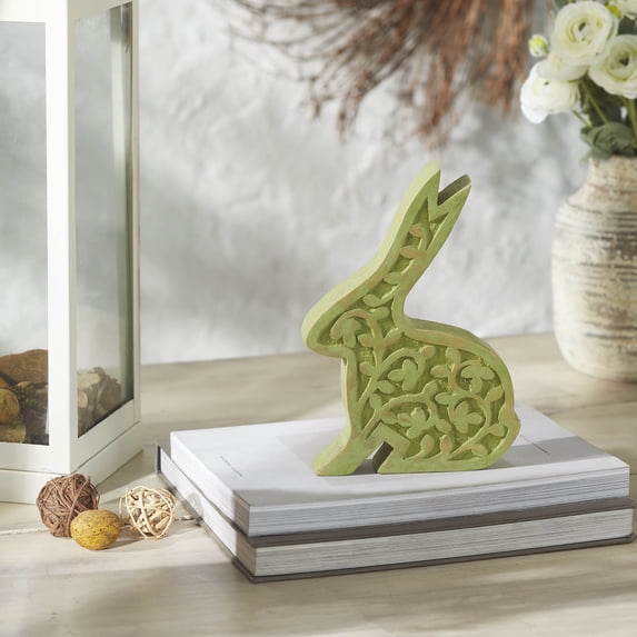 VHC Brands Bunny Hop Wooden Sitting Bunny in Green Enamel 5.5x8.5, Spring Decorations, Home and Table Decor, Spring and Easter Figurines