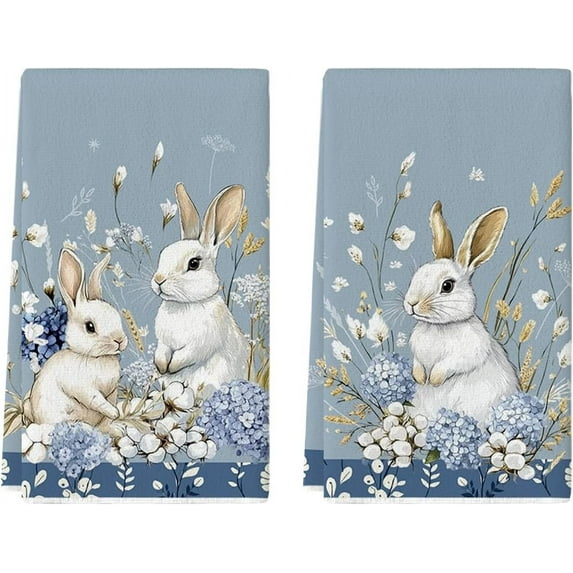 Bunny Hydrangea Easter Kitchen Towels Dish Towels, 18x26 Inch Spring Farmhouse Wild Flowers Decoration Hand Towels Set of 2