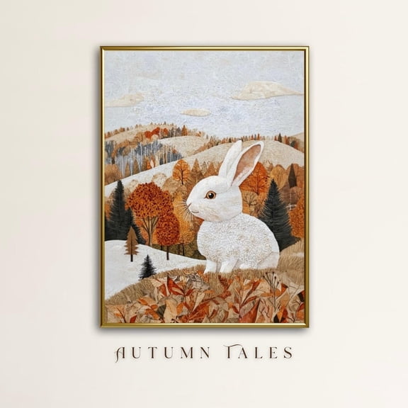 Bunny In Fall Forest Poster Wall Art Cozy Animal Print Warm Earthy Autumn Landscape Home Decor UNFRAMED Poster, Wall Art for Decor, Present, 8x12