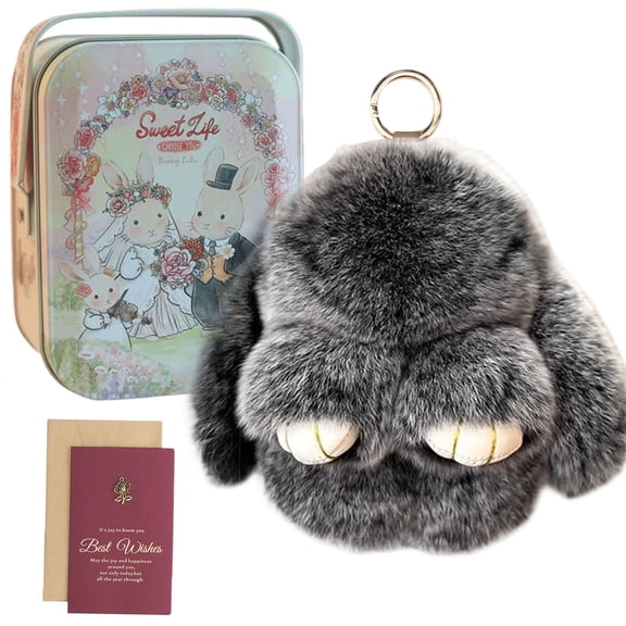 Bunny Keychain Keychain with Tin, Handmade Soft Bunny PomPom Charms for Easter Birthday Gift