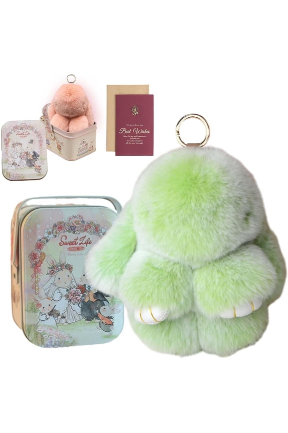 Bunny Keychain Keychain with Tin, Handmade Soft Bunny PomPom Charms for Easter Birthday Gift