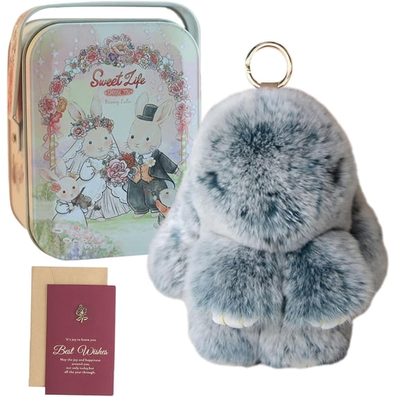 Bunny Keychain Keychain with Tin, Handmade Soft Bunny PomPom Charms for Easter Birthday Gift