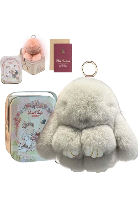 Bunny Keychain Keychain with Tin, Handmade Soft Bunny PomPom Charms for Easter Birthday Gift