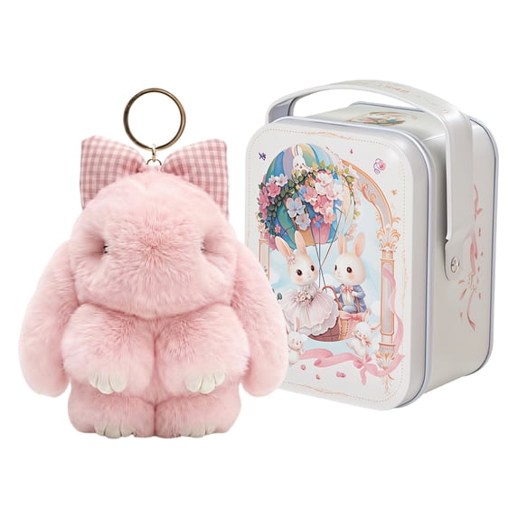 Bunny Keychain with Tin - 5.1" Handmade Bunny Plush Keychain with Gift Tin Box, Soft Rabbit Bag Charm Pendant, Cute Fluffy Key Ring Accessory for Backpack Purse Keys Gift Idea