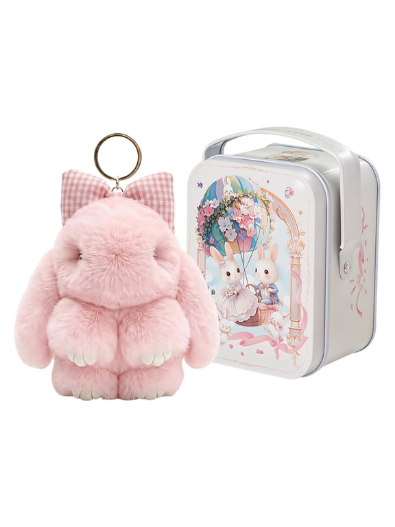 Bunny Keychain with Tin - 5.1" Handmade Bunny Plush Keychain with Gift Tin Box, Soft Rabbit Bag Charm Pendant, Cute Fluffy Key Ring Accessory for Backpack Purse Keys Gift Idea