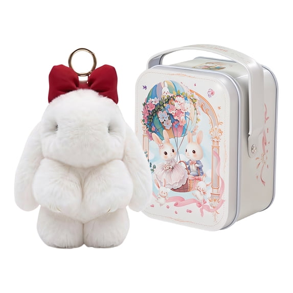 Bunny Keychain with Tin - 5.1" Handmade Bunny Plush Keychain with Gift Tin Box, Soft Rabbit Bag Charm Pendant, Cute Fluffy Key Ring Accessory for Backpack Purse Keys Gift Idea