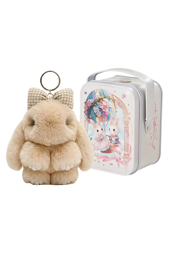 Bunny Keychain with Tin - 5.1" Handmade Bunny Plush Keychain with Gift Tin Box, Soft Rabbit Bag Charm Pendant, Cute Fluffy Key Ring Accessory for Backpack Purse Keys Gift Idea