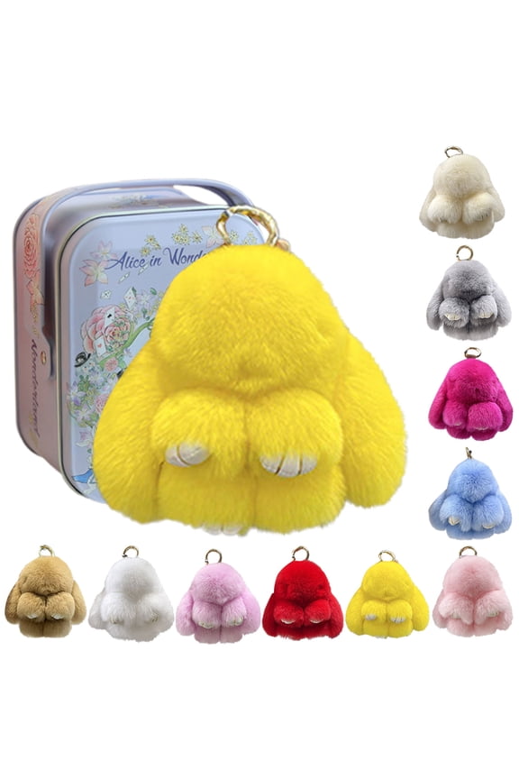 Bunny Keychain with Box, Cute Lulu Keychain with Tin, Cute Plush Bunny Keychain Thoughtful Gift for friends(Yellow)