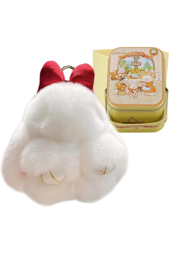 Bunny Keychain with Gift Tin, Cute Rabbit Key Ring with Bow, Soft Bag Charm Accessory for Keys and Handbags