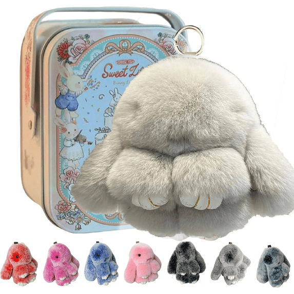 Bunny Keychain with Tin - 5.8" Handmade Soft Plush Rabbit Charm, 20 Colors, Cute Gifts for Women & Teens