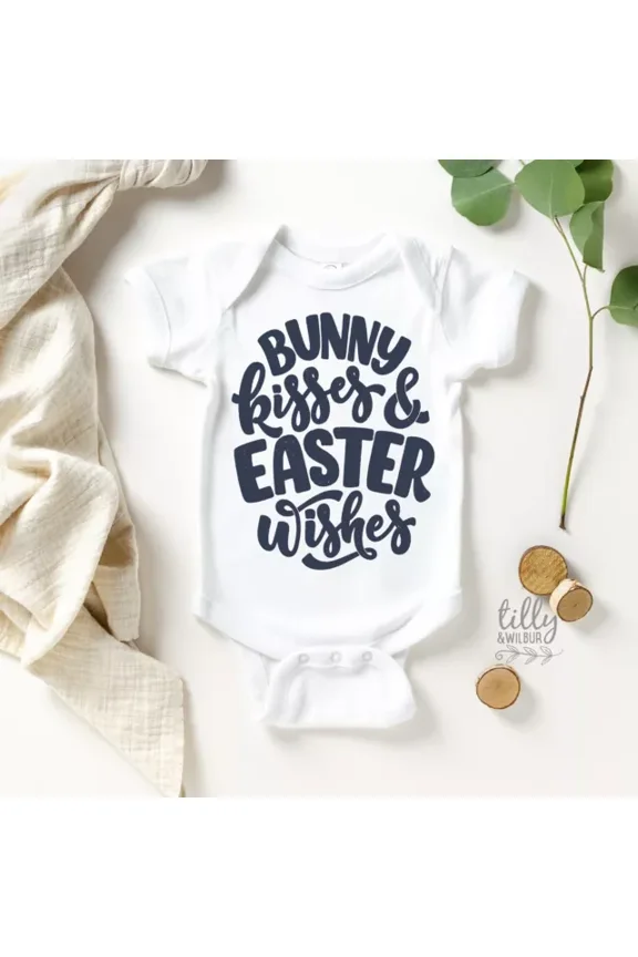 Bunny Kisses And Easter Wishes Baby Bodysuit, Easter Baby Gift, 1St Easter Cute Baby Onesie, BABY BODYSUIT LAT 4424