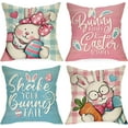 thumbnail image 1 of Bunny Kisses Easter Wishes Decorative Throw Pillow Covers 18 x 18 Set of 4, Shake Your Bunny Tail Rabbit Eggs Carrot Cushion Case Decor, Pink Blue Plaid Farmhouse Home Decoration for Sofa Couch, 1 of 5