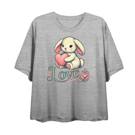 Bunny Love Women's Heather Gray Crew Neck Short Sleeve Crop Tee-Medium