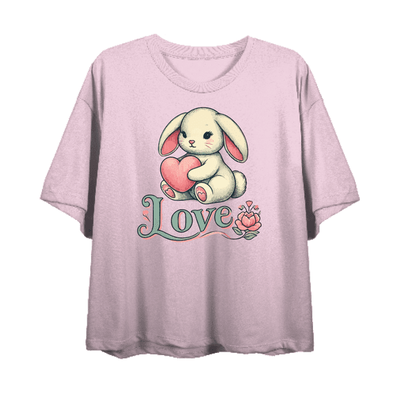 Bunny Love Women's Pink Crew Neck Short Sleeve Crop Tee-Medium