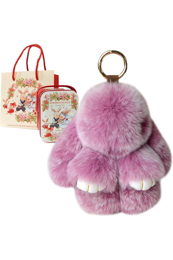 Bunny Lulu Keychain with Tin Adorable Soft Bunny Pompom Charm for Girls & Women