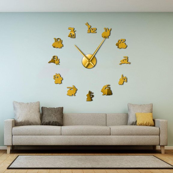 Bunny Mirror Sticker Numbers Rabbit Family Large Wall Clocks Animal Hanging Clock Silent Quartz Wall Watch Woodland Nursery Decor(Gold,27inch)