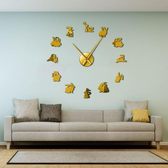Bunny Mirror Sticker Numbers Rabbit Family Large Wall Clocks Animal Hanging Clock Silent Quartz Wall Watch Woodland Nursery Decor(Gold,37inch)