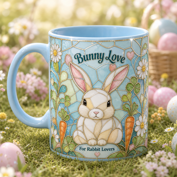 Bunny Mug, 2D Flat Ceramic Mug Rabbit Lover Gift with Stained Glass Style Design