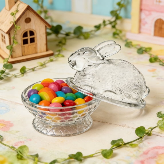 Bunny on Nest Glass Dish, Rabbit-Shaped Candy Dish with Lid, Crystal Candy Jar for Cookies, Snacks and Desserts, Vintage Candy Bowl for Easter Spring Home Kitchen Office Table Decor, Clear