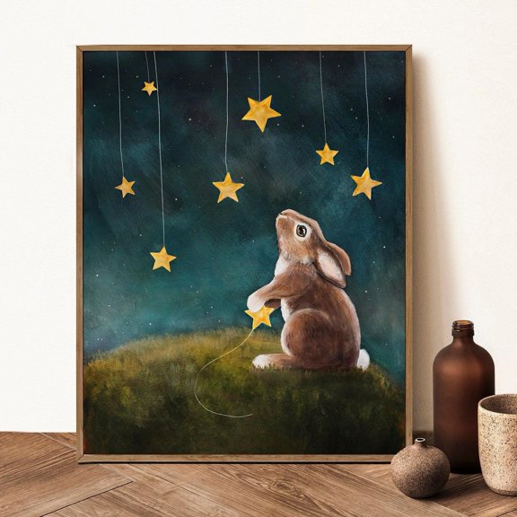 Bunny Nursery Print Rabbit Under a Starry Night Sky Wall Art Woodland Animal Artwork Forest Theme Nursery