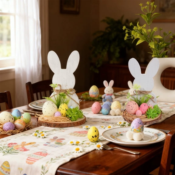 Bunny Ornament Easter Decoration, Whitewashed Wood Log Bunny Shape with Colored Eggs and Leaf Foliage, Holiday Table Centerpiece or Shelf Decor, Topliu