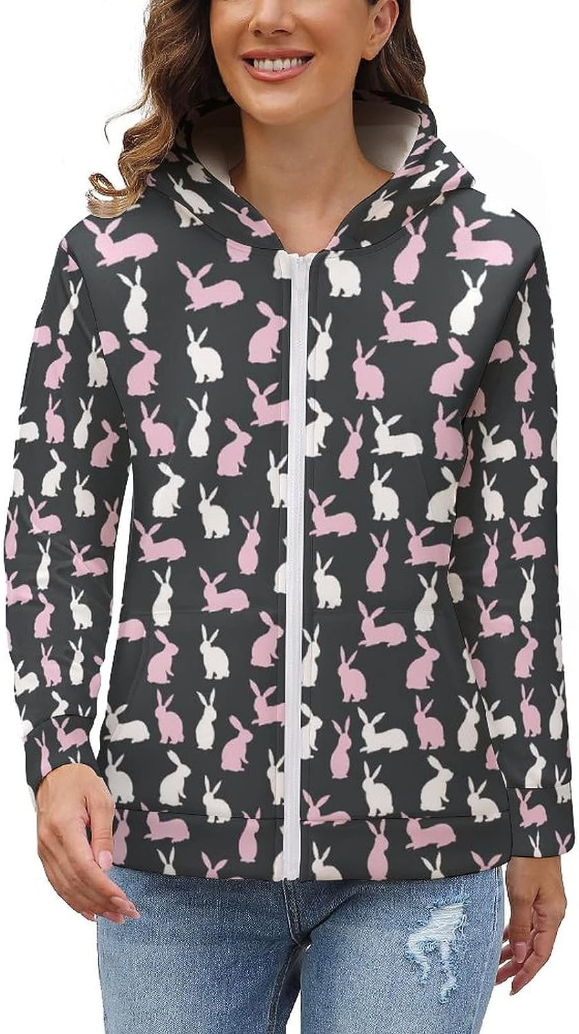 Bunny Pattern Women's Full-Zip Hooded Sweatshirt Soft Fleece Jacket ...