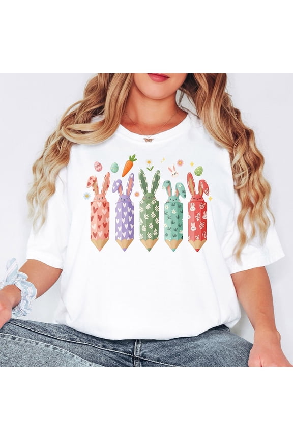 Bunny Pencil T Shirt Cute Teacher Outfit Pastel Spring Classroom Top
