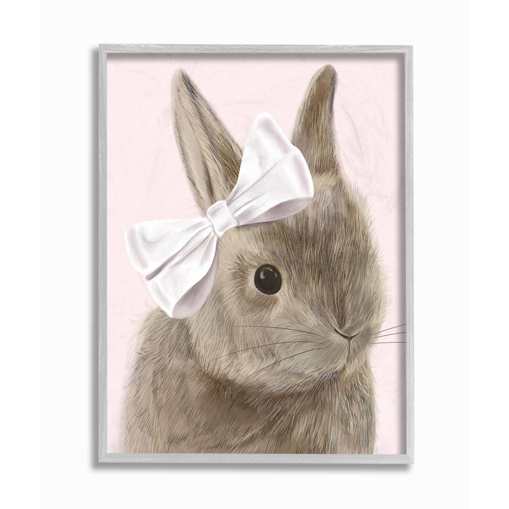 Bunny Pink Bow Animal Canvas Print in Gray Frame
