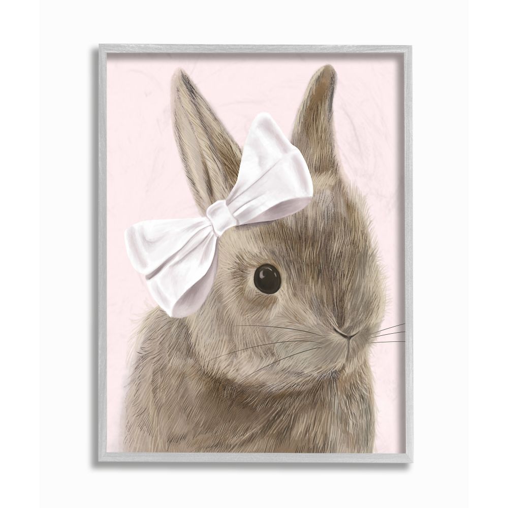 Bunny Pink Bow Kids Animal Drawing Gray Farmhouse Rustic Oversized Framed Giclee Texturized Art by Daphne Polselli