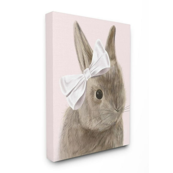 Bunny Pink Bow Kids Animal Drawing Stretched Canvas Wall Art by Daphne Polselli