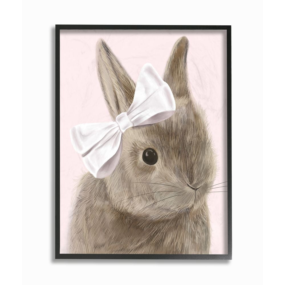 Bunny Pink Bow Kids Animal Drawing XXL Framed Giclee Texturized Art by Daphne Polselli